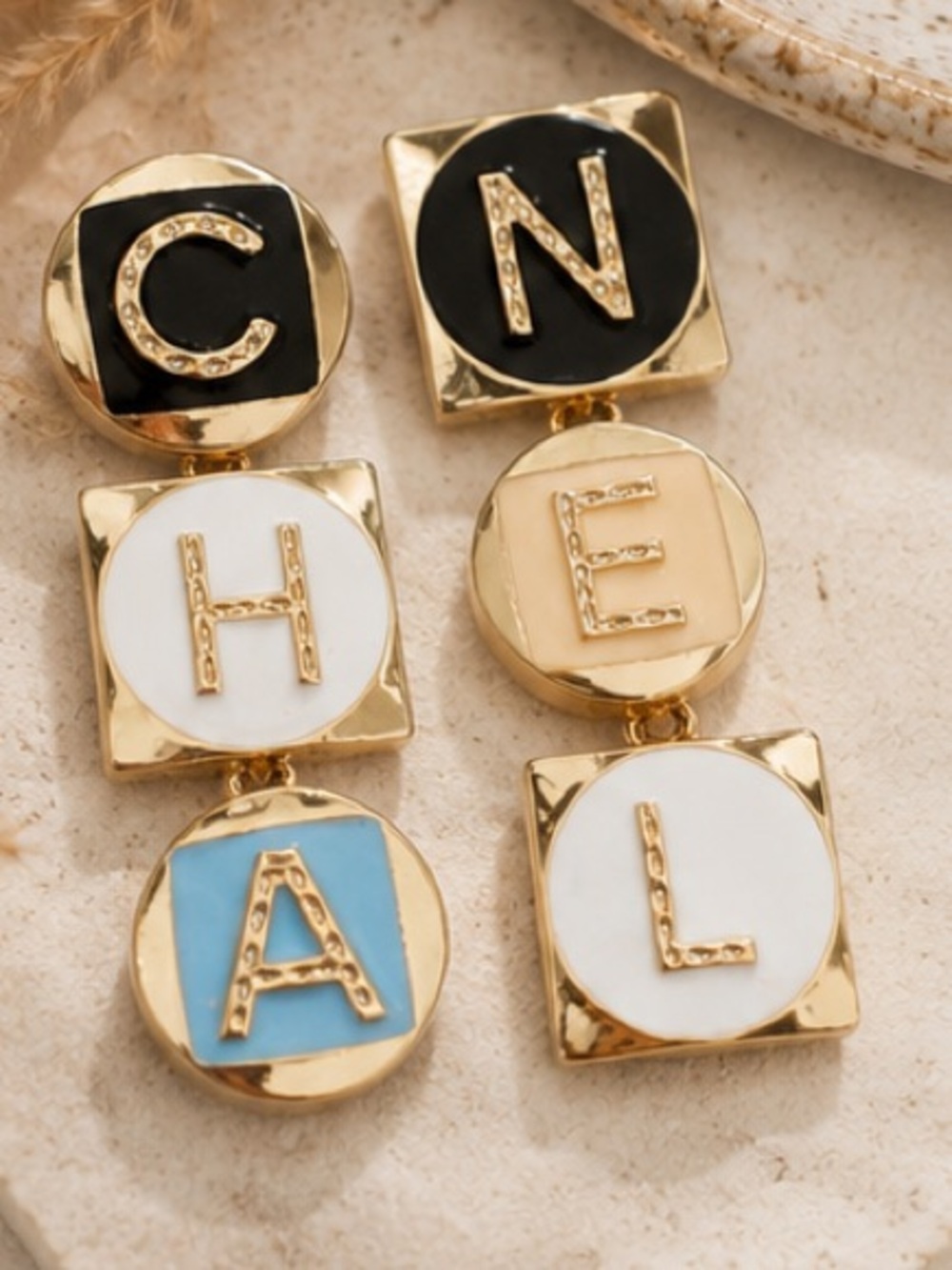 Designer Inspired Gold Initial Drop Earrings with Black, White, and Blue Accents